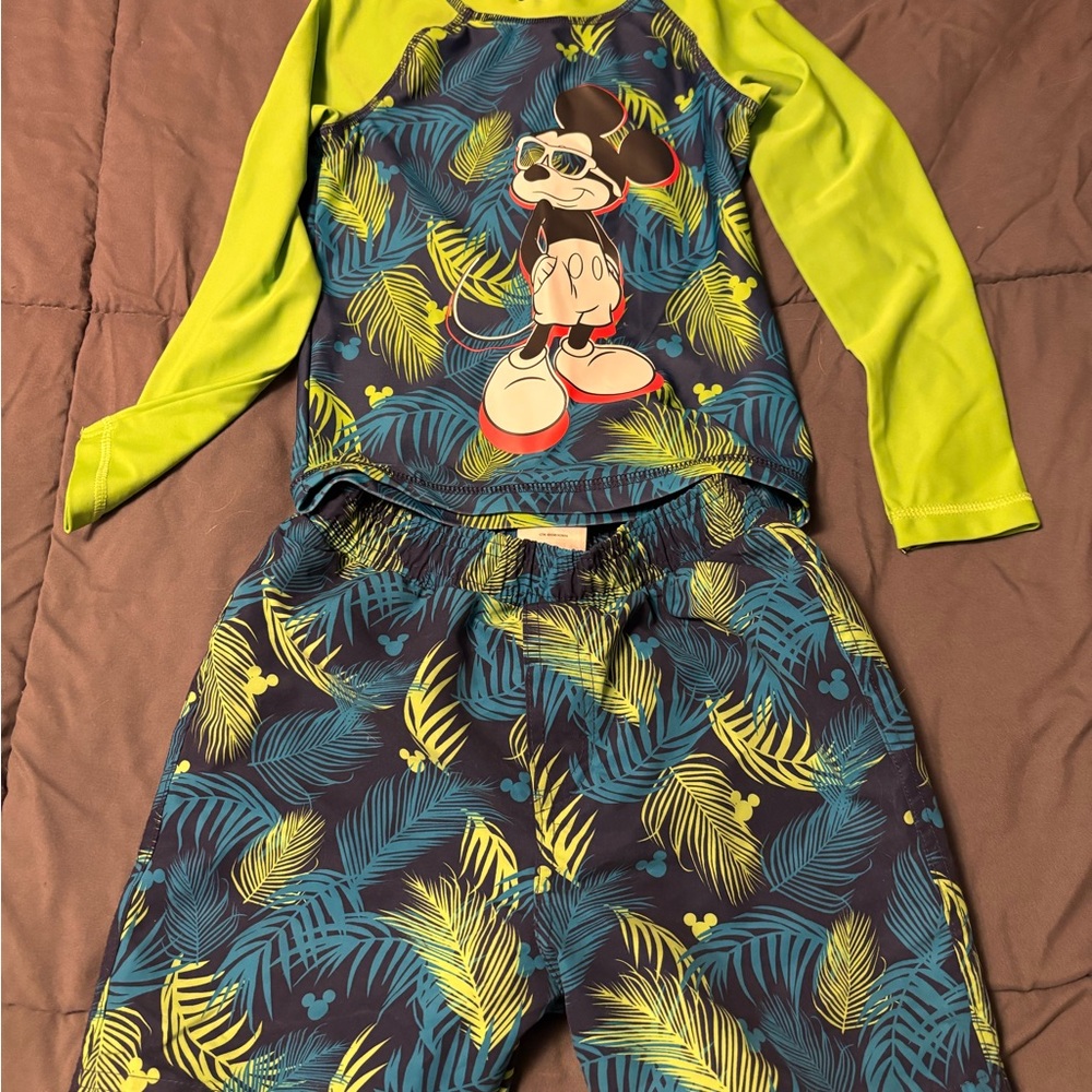 Disney Kids Lime & Navy Mickey Mouse Tropical Rash Guard Swim Set and Swim Shoes